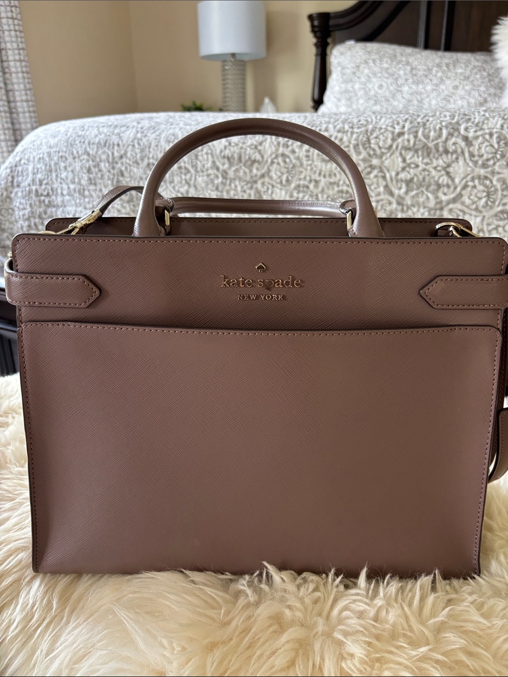 kate spade taupe brown leather structured satchel